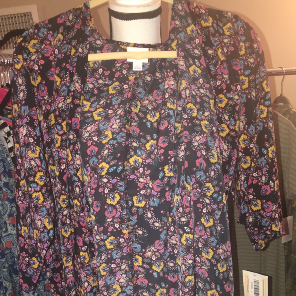 LuLaRoe Black Floral Blouse with Pink, Yellow and Blue Accents
